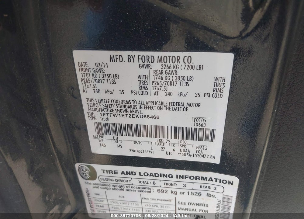 2014 FORD F-150 XLT VIN: 1FTFW1ET2EKD68466
