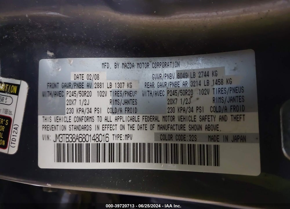 2008 MAZDA CX-9 GRAND TOURING VIN: JM3TB38A680148016