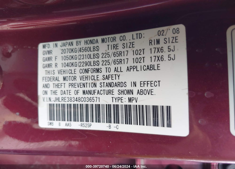 2008 HONDA CR-V LX VIN: JHLRE38348C036571