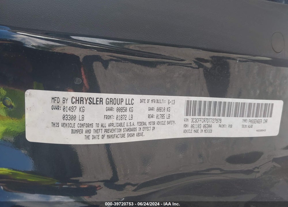 2013 FIAT 500 LOUNGE VIN: 3C3CFFCR7DT727979