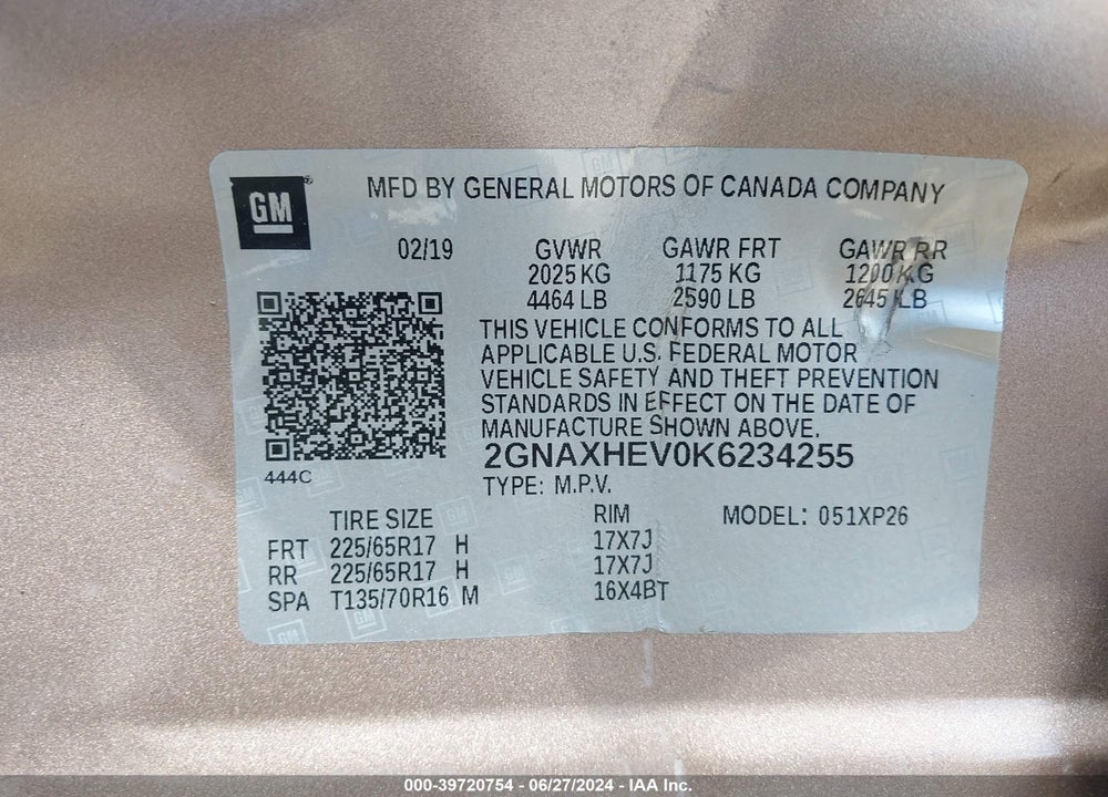2019 CHEVROLET EQUINOX LS VIN: 2GNAXHEV0K6234255