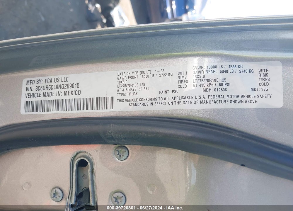 2022 RAM 2500 TRADESMAN 4X4 6'4 BOX VIN: 3C6UR5CL9NG209015