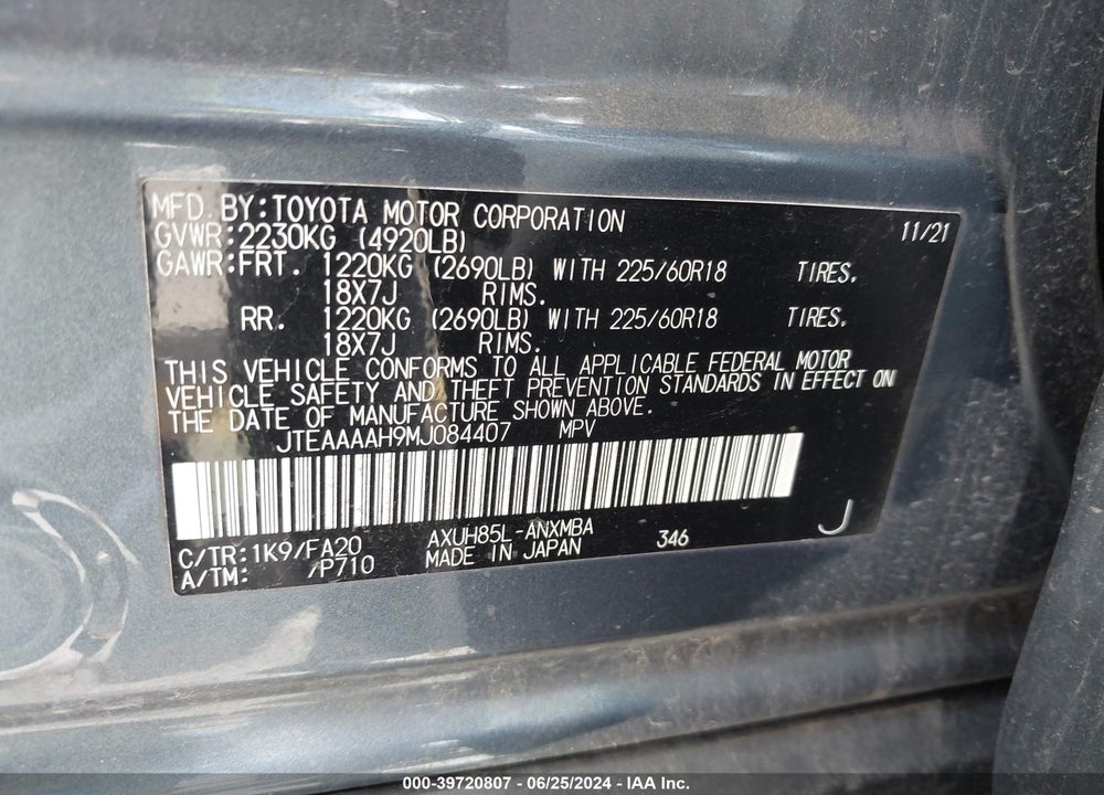 2021 TOYOTA VENZA LE VIN: JTEAAAAH9MJ084407