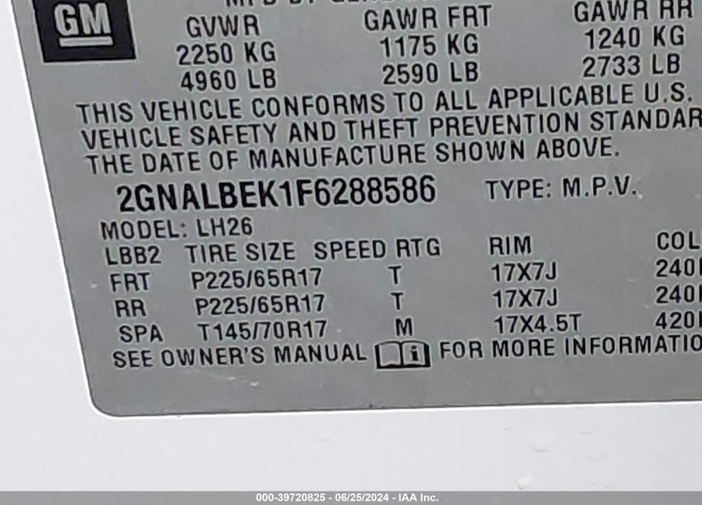 2015 CHEVROLET EQUINOX 1LT VIN: 2GNALBEK1F6288586