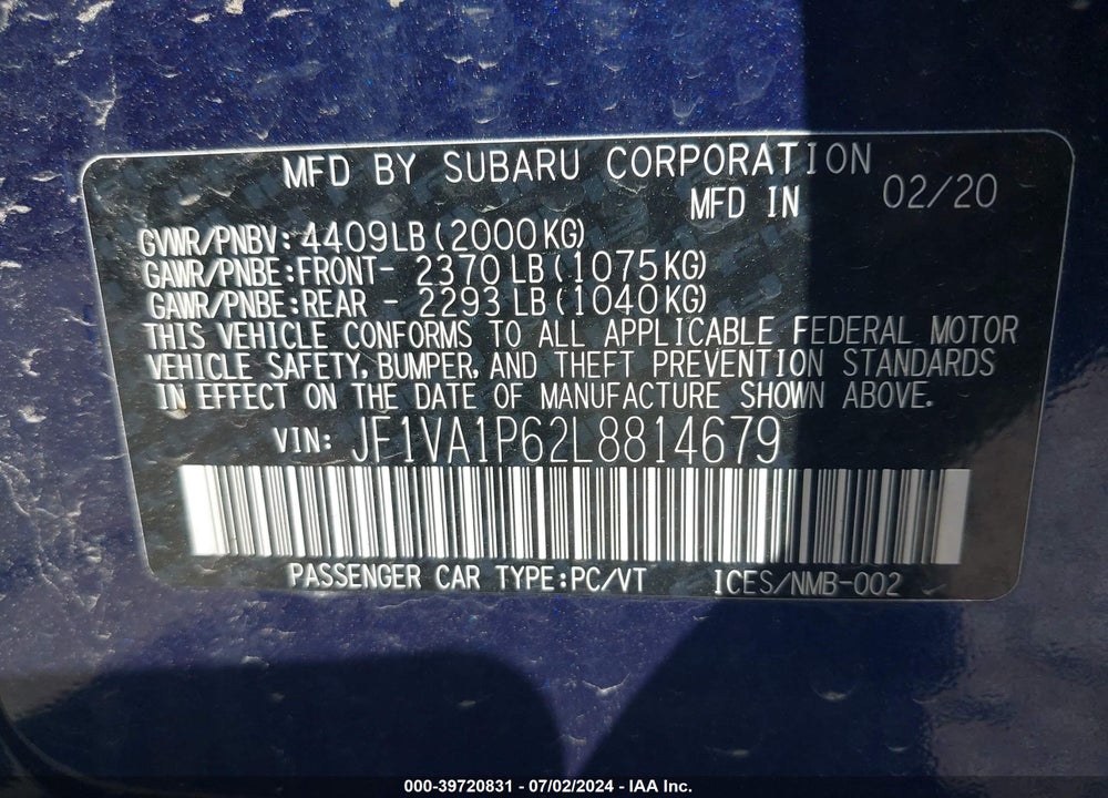 2020 SUBARU WRX VIN: JF1VA1P62L8814679