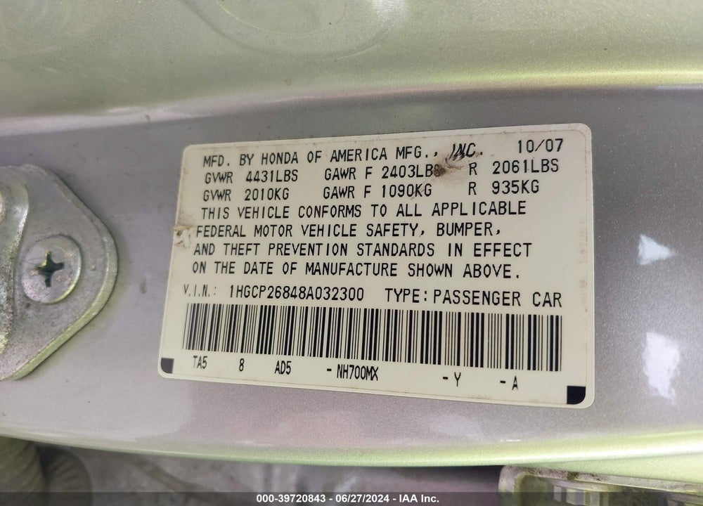 2008 HONDA ACCORD 2.4 EX-L VIN: 1HGCP26848A032300