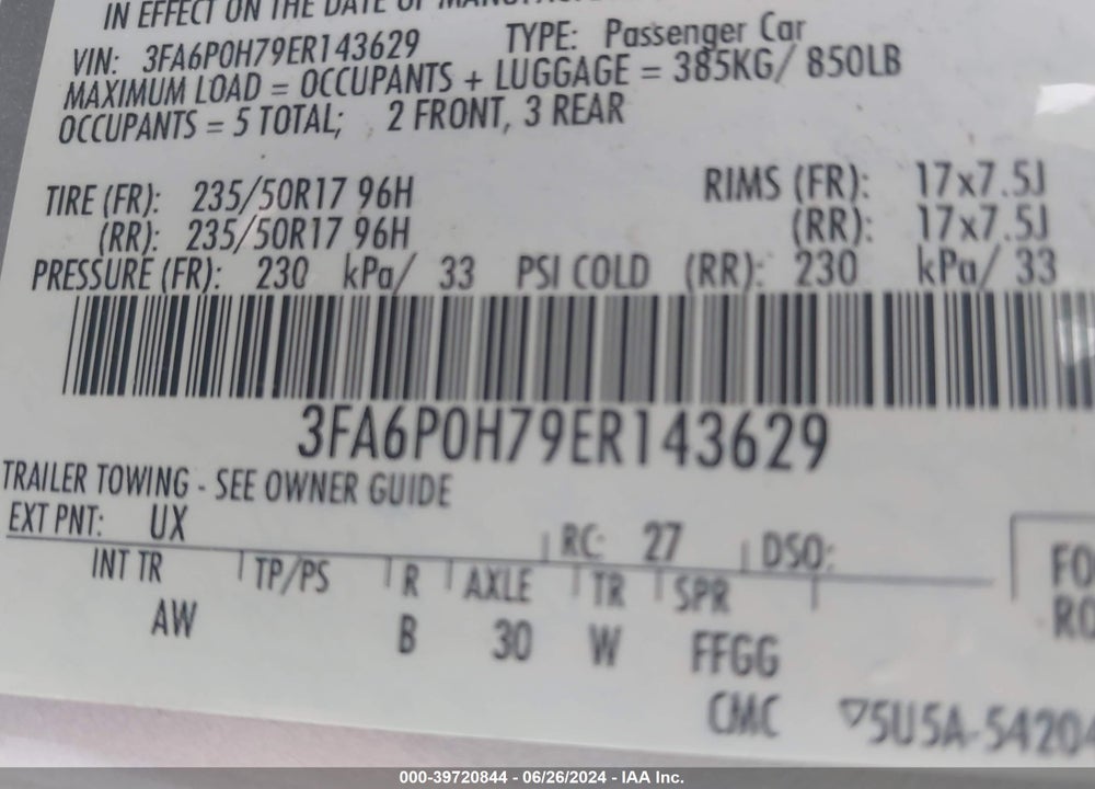 2014 FORD FUSION SE VIN: 3FA6P0H79ER143629