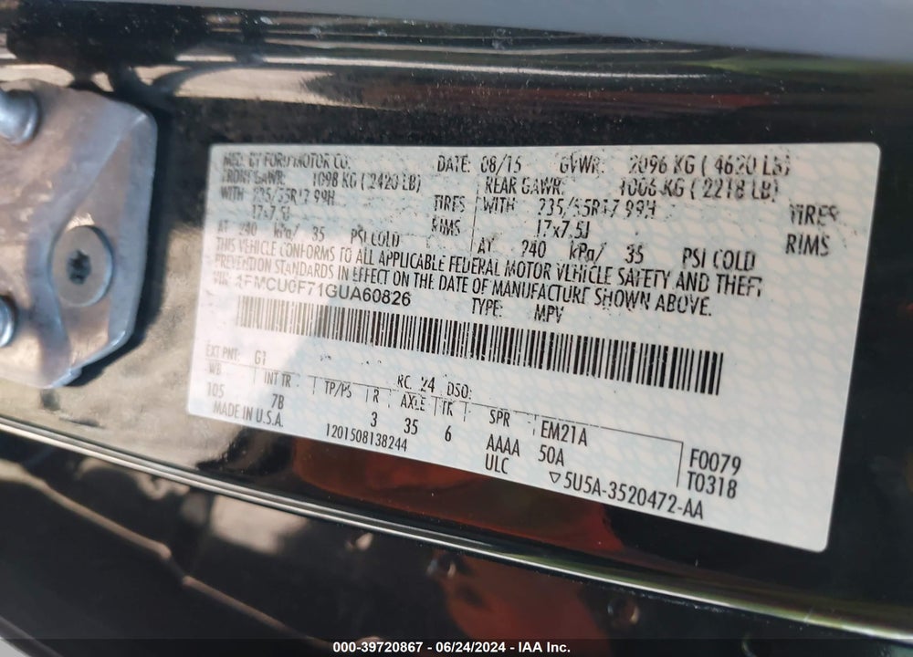 2016 ESCAPE FORD  S VIN: 1FMCU0F71GUA60826