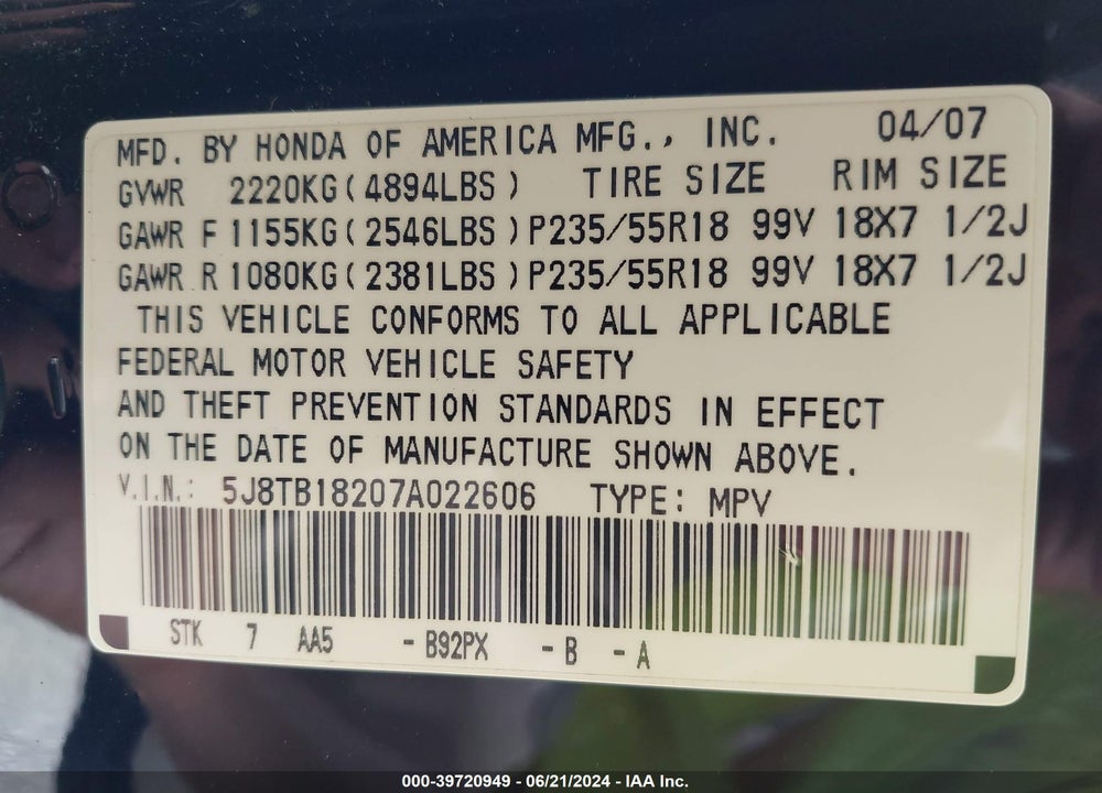 2007 ACURA RDX VIN: 5J8TB18207A022606