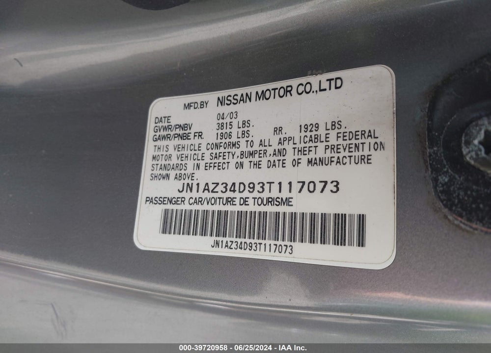 2003 NISSAN 350Z VIN: JN1AZ34D93T117073