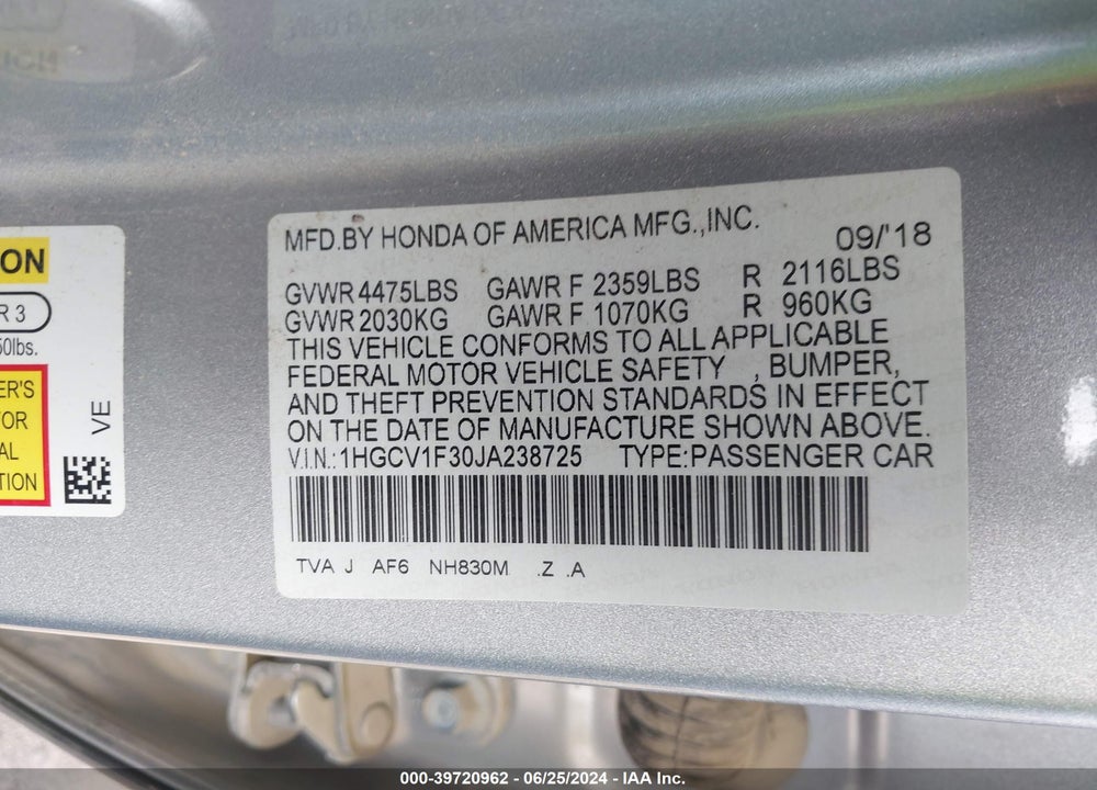 2018 HONDA ACCORD SPORT VIN: 1HGCV1F30JA238725