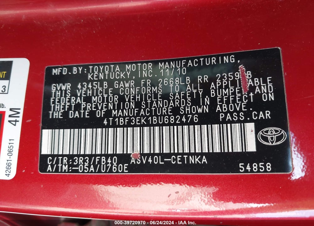 2011 TOYOTA CAMRY LE VIN: 4T1BF3EK1BU682476