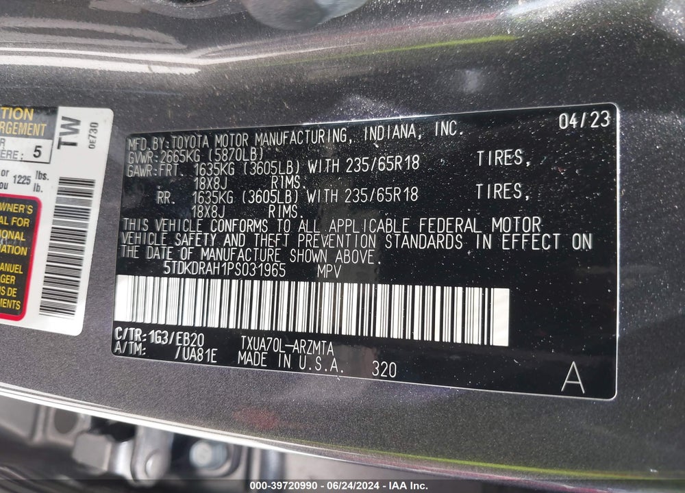 2023 TOYOTA HIGHLANDER XLE VIN: 5TDKDRAH1PS031965
