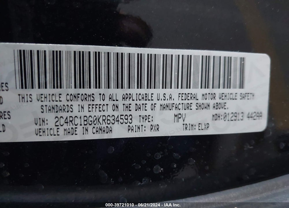 2019 CHRYSLER PACIFICA TOURING L VIN: 2C4RC1BG0KR634593