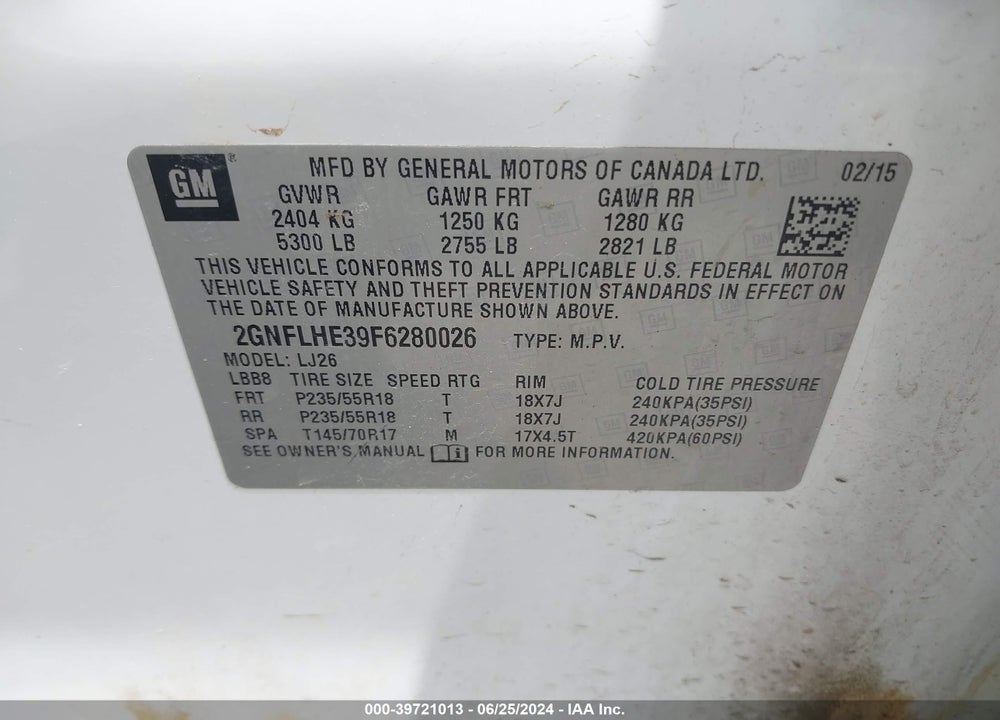 2015 CHEVROLET EQUINOX LTZ VIN: 2GNFLHE39F6280026