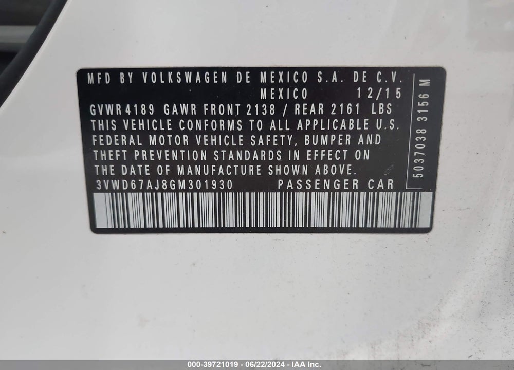 2016 VOLKSWAGEN JETTA 1.4T SE VIN: 3VWD67AJ8GM301930