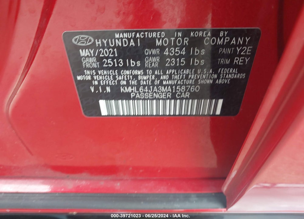 2021 HYUNDAI SONATA SEL VIN: KMHL64JA3MA158760