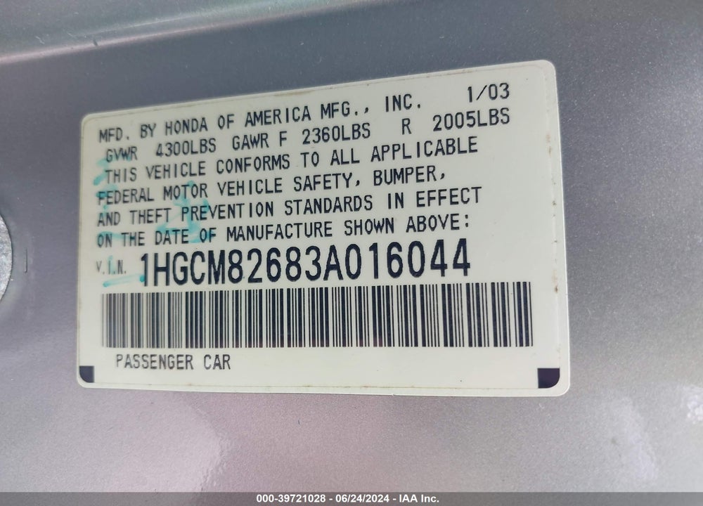 2003 HONDA ACCORD 3.0 EX VIN: 1HGCM82683A016044