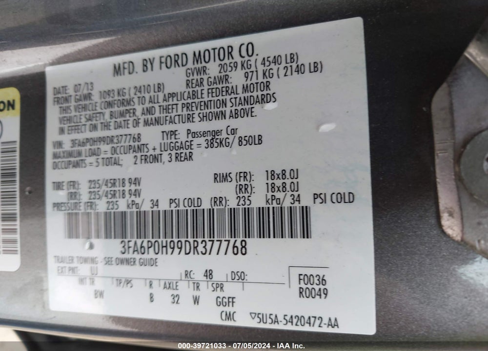2013 FORD FUSION SE VIN: 3FA6P0H99DR377768