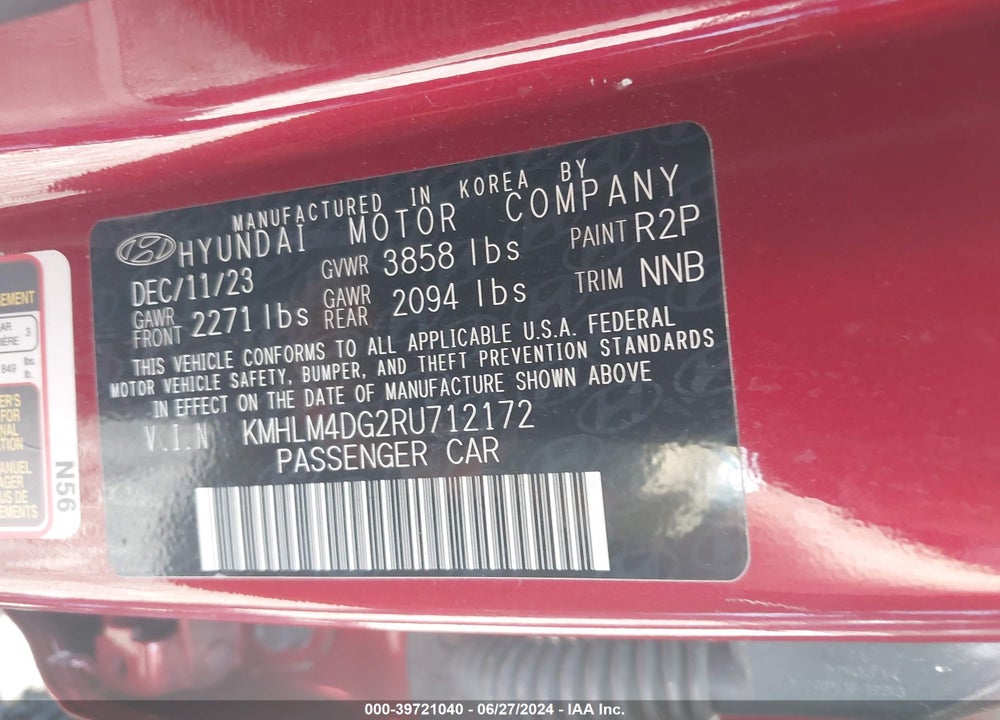 2024 HYUNDAI ELANTRA SEL VIN: KMHLM4DG2RU712172