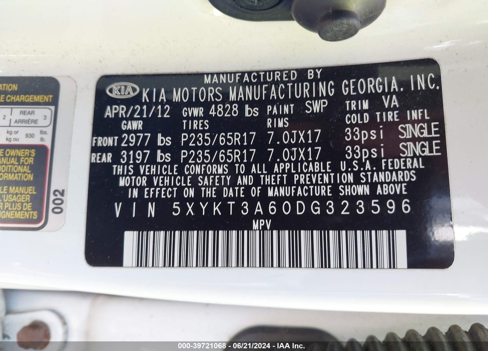 2013 KIA SORENTO LX VIN: 5XYKT3A60DG323596