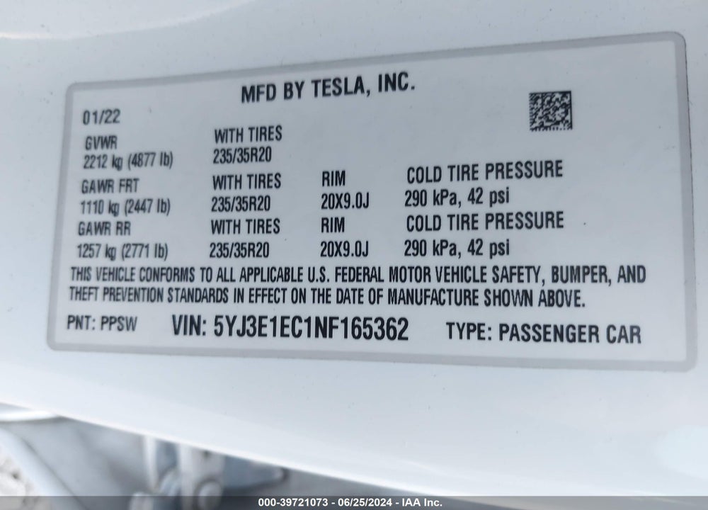2022 TESLA MODEL 3 PERFORMANCE DUAL MOTOR ALL-WHEEL DRIVE VIN: 5YJ3E1EC1NF165362