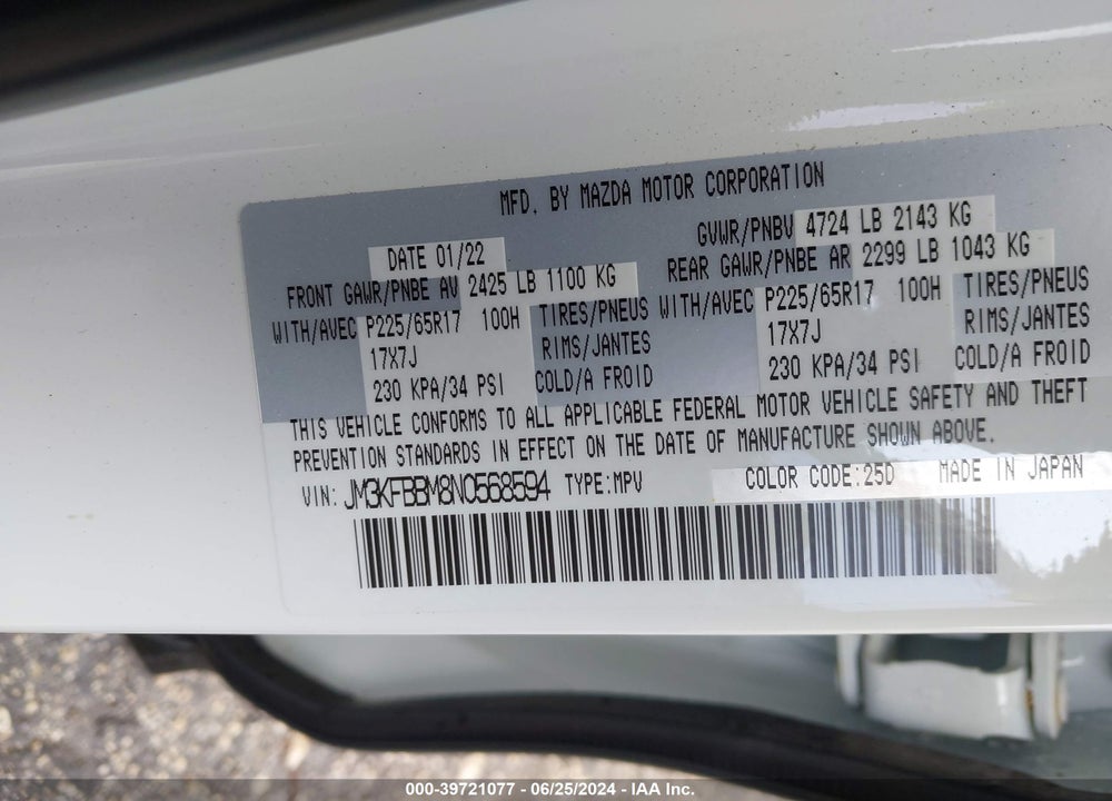 2022 MAZDA CX-5 2.5 S SELECT VIN: JM3KFBBM8N0568594