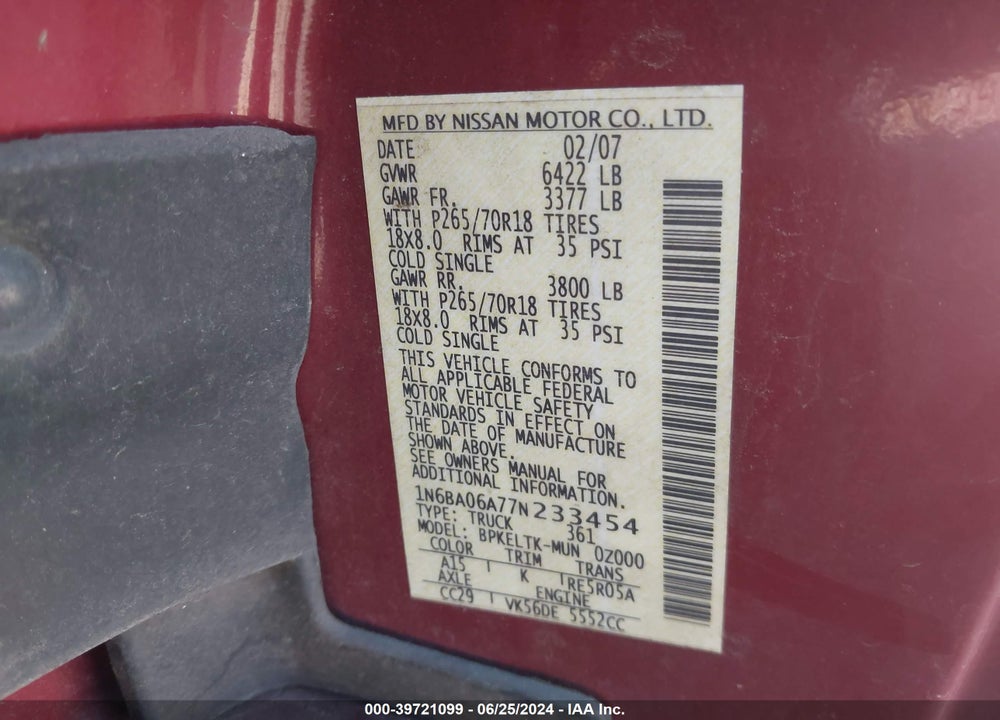 2007 NISSAN TITAN SE VIN: 1N6BA06A77N233454