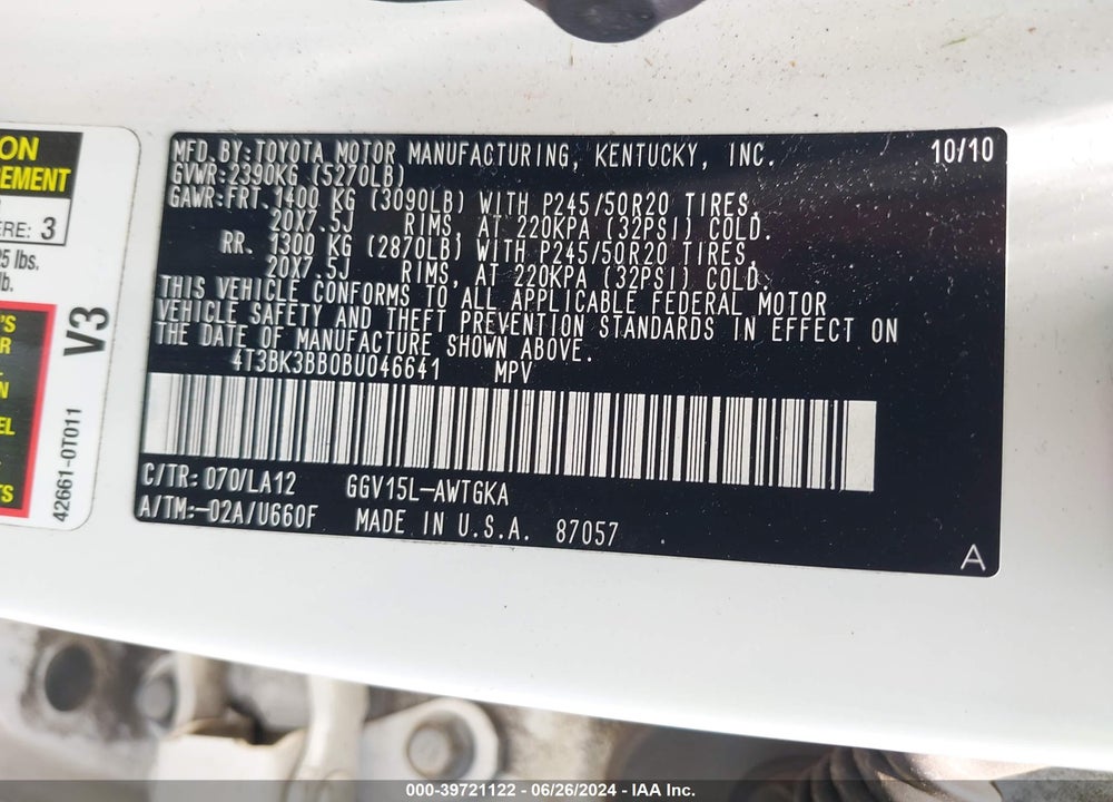 2011 TOYOTA VENZA BASE V6 VIN: 4T3BK3BB0BU046641