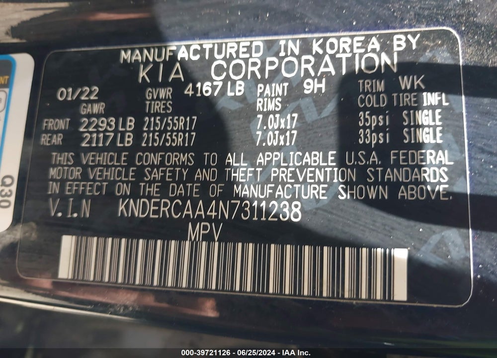 2022 KIA SELTOS VIN: KNDERCAA4N7311238