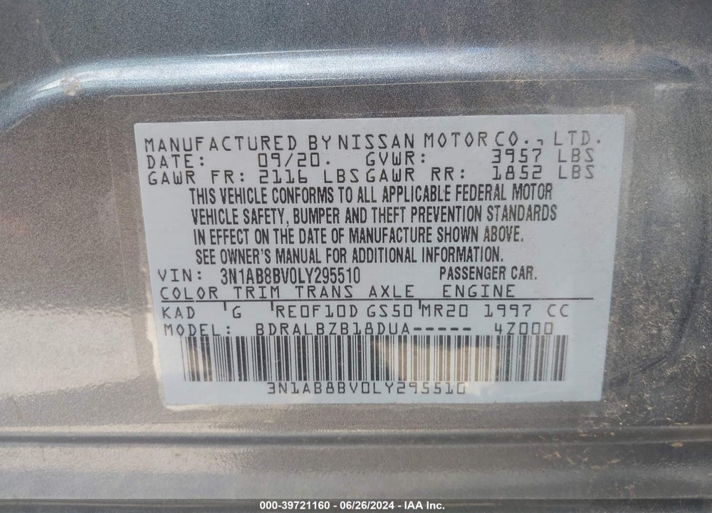 2020 NISSAN SENTRA S XTRONIC CVT VIN: 3N1AB8BV0LY295510