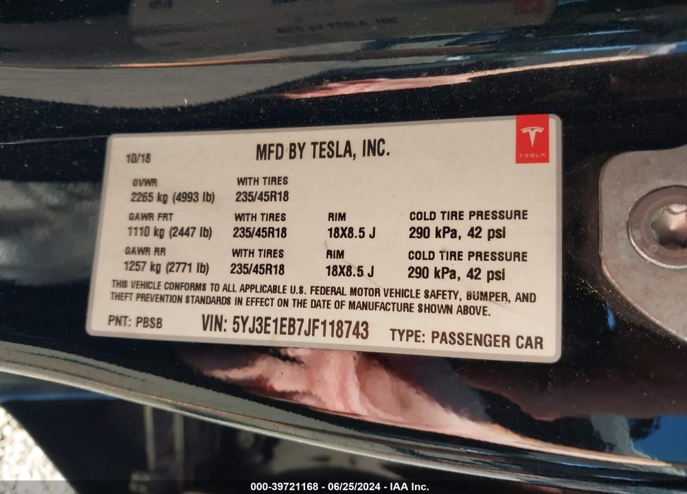 2018 TESLA MODEL 3 LONG RANGE/PERFORMANCE VIN: 5YJ3E1EB7JF118743