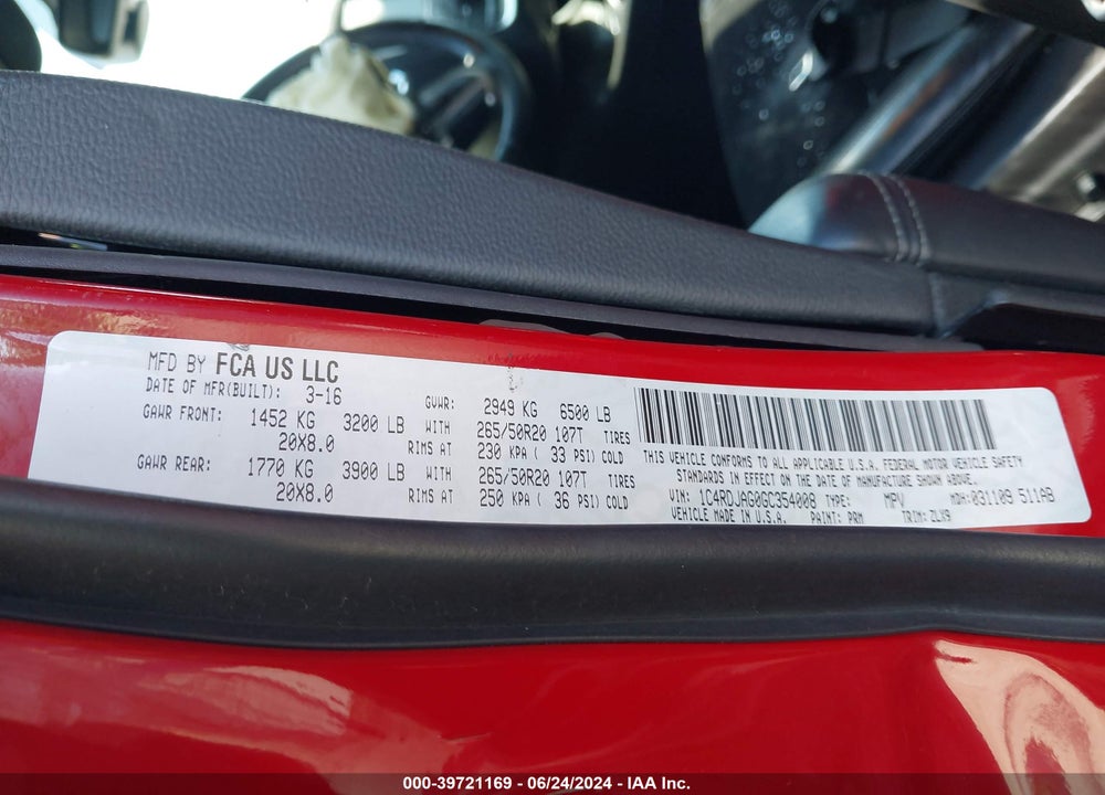 2016 DODGE DURANGO SXT VIN: 1C4RDJAG0GC354008
