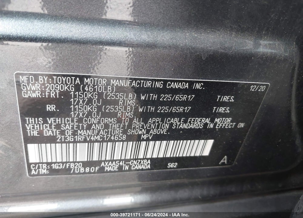 2021 TOYOTA RAV4 LE VIN: 2T3G1RFV4MC174658