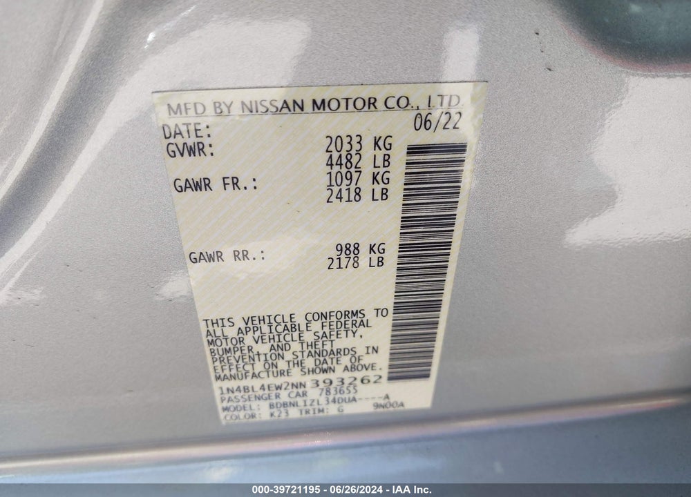 2022 NISSAN ALTIMA SL INTELLIGENT AWD VIN: 1N4BL4EW2NN393262