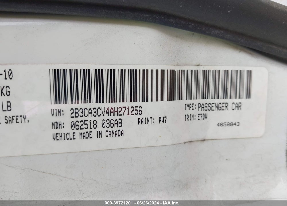 2010 DODGE CHARGER SXT VIN: 2B3CA3CV4AH271256