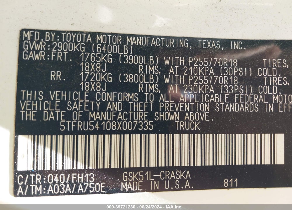 2008 TOYOTA TUNDRA SR5 V6 VIN: 5TFRU54108X007335