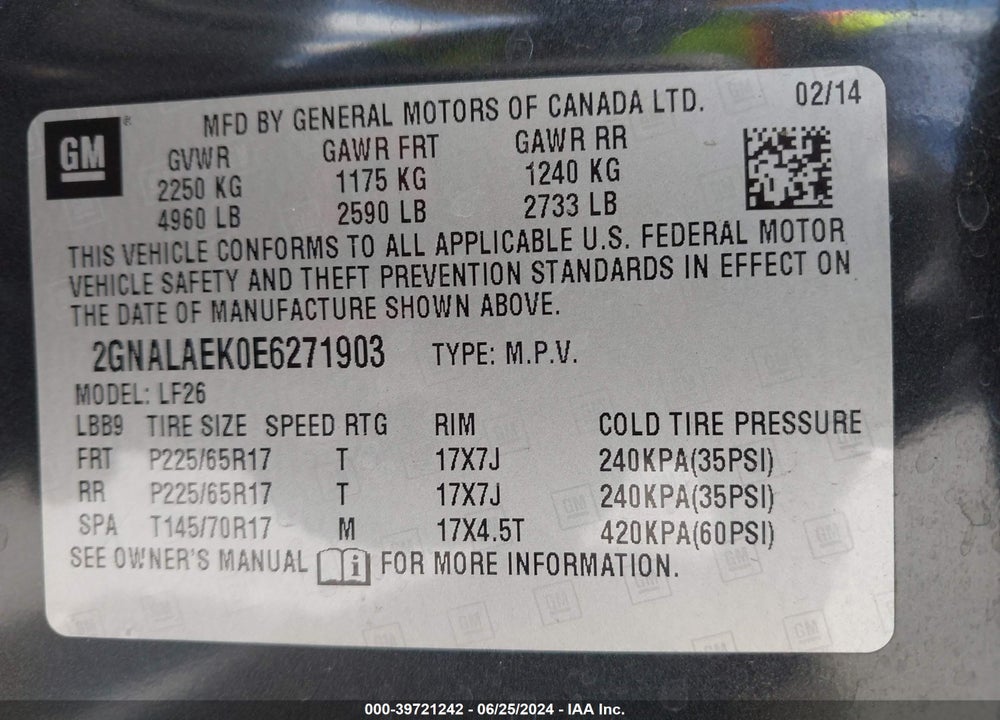 2014 CHEVROLET EQUINOX LS VIN: 2GNALAEK0E6271903