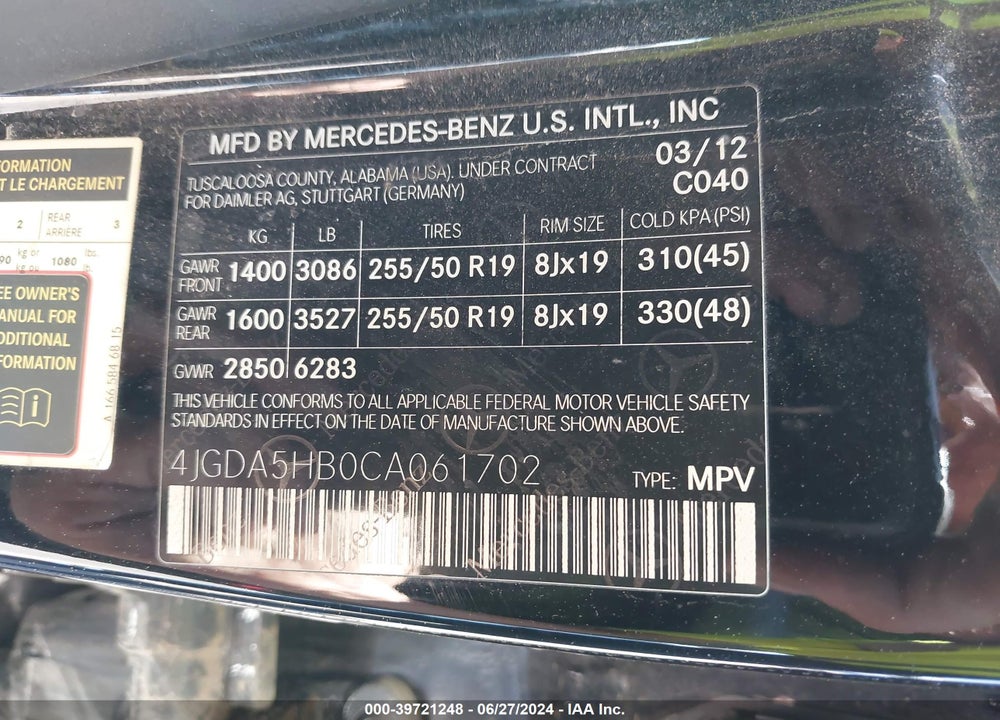 2012 MERCEDES-BENZ ML 350 4MATIC VIN: 4JGDA5HB0CA061702