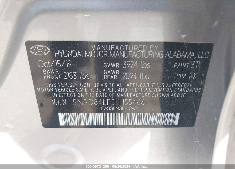 2020 HYUNDAI ELANTRA SEL VIN: 5NPD84LF5LH554661