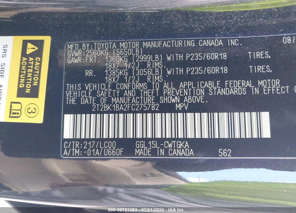 2015 LEXUS RX 350 VIN: 2T2BK1BA2FC275782