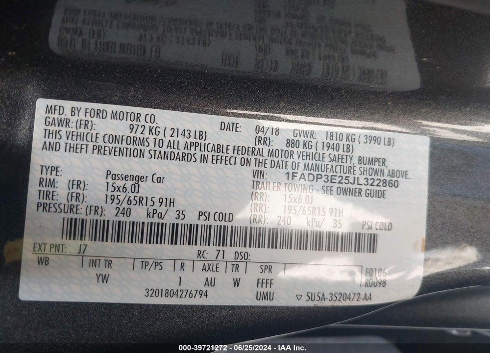 2018 FORD FOCUS VIN: 1FADP3E25JL322860