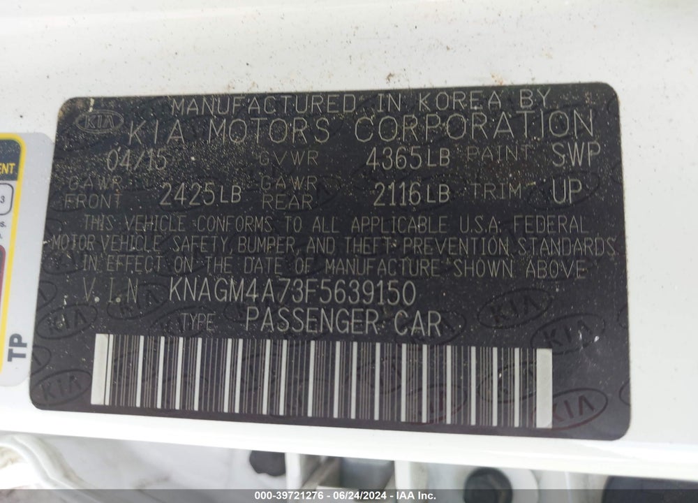 2015 KIA OPTIMA LX VIN: KNAGM4A73F5639150