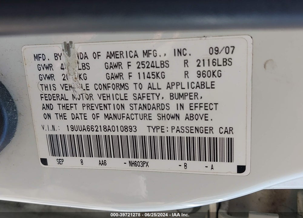 2008 ACURA TL 3.2 VIN: 19UUA66218A010893