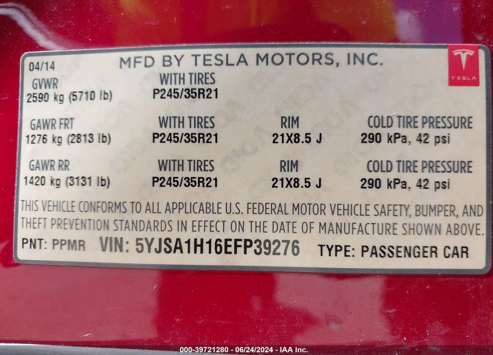 2014 TESLA MODEL S P85 VIN: 5YJSA1H16EFP39276