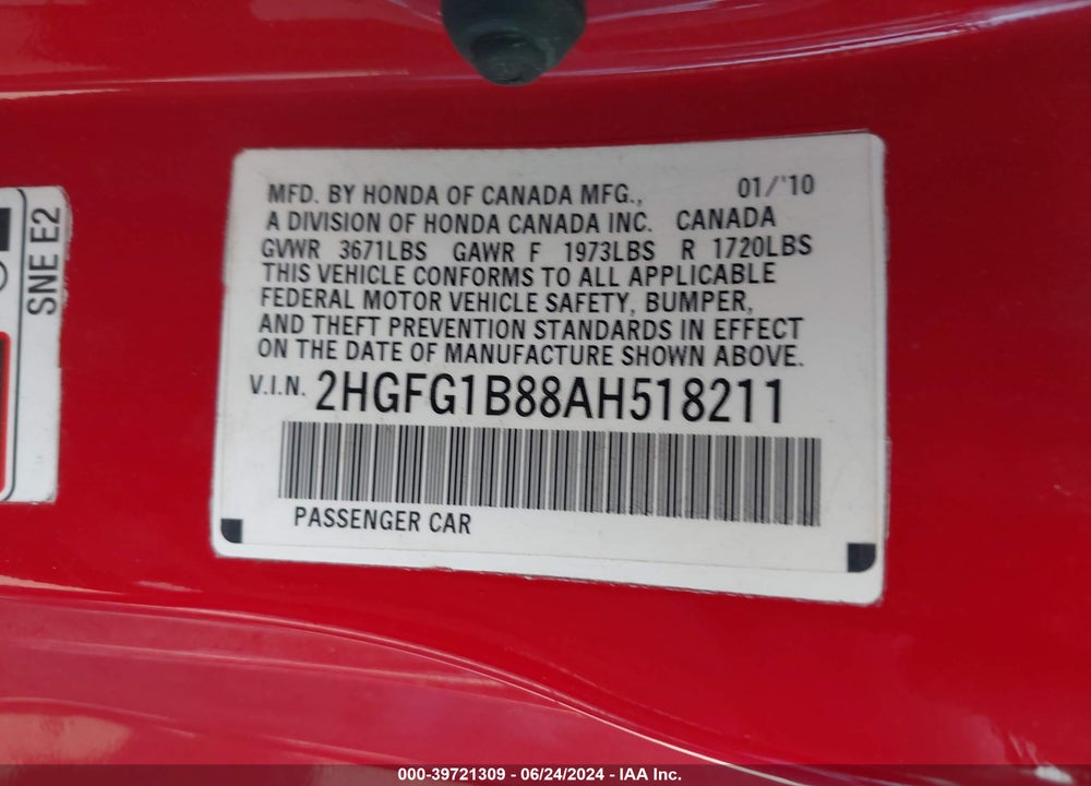 2010 HONDA CIVIC EX VIN: 2HGFG1B88AH518211