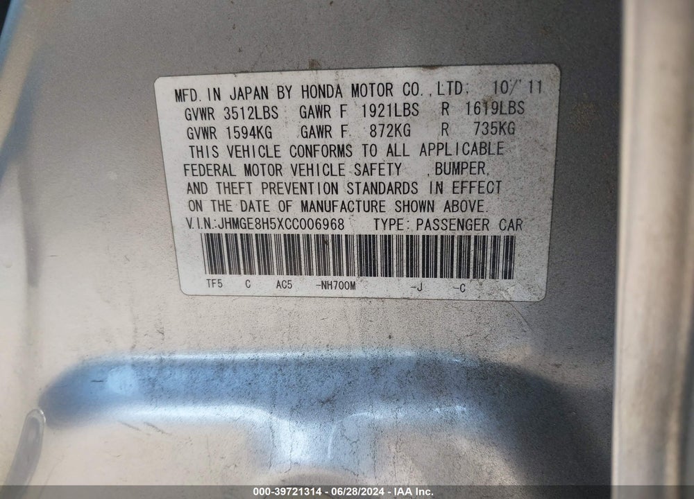 2012 HONDA FIT SPORT VIN: JHMGE8H5XCC006968