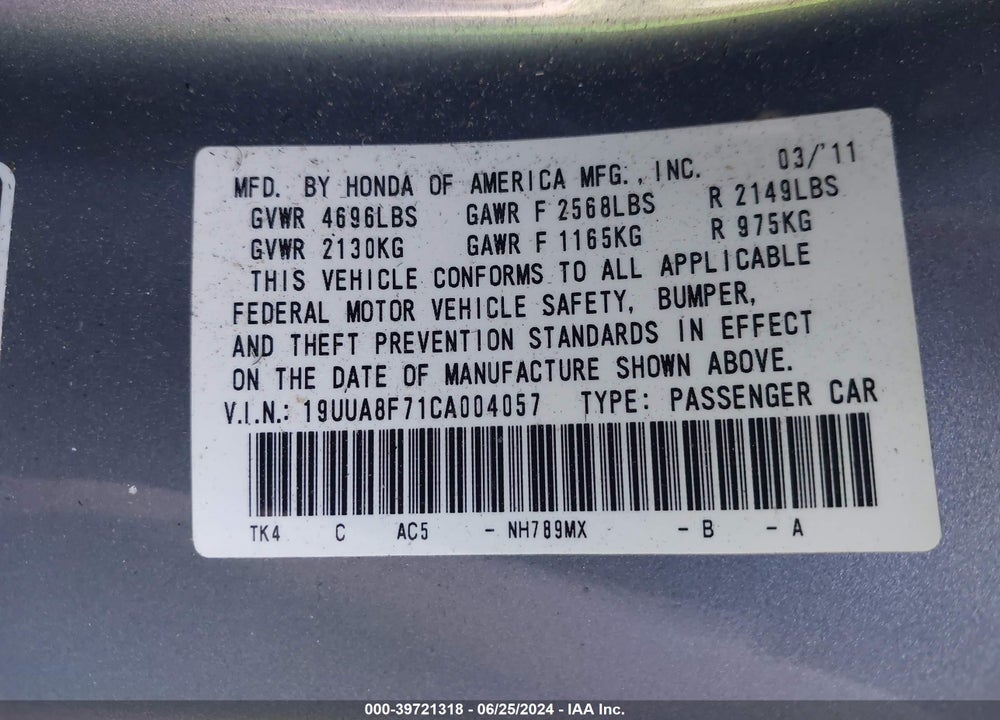 2012 ACURA TL 3.5 VIN: 19UUA8F71CA004057