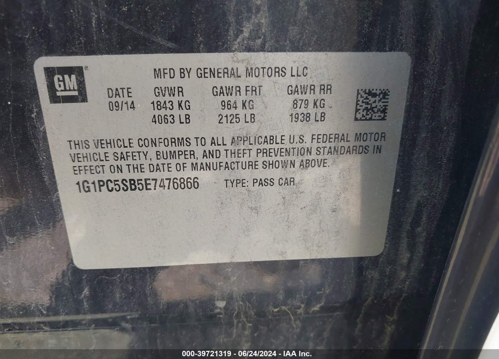 2014 CHEVROLET CRUZE 1LT AUTO VIN: 1G1PC5SB5E7476866