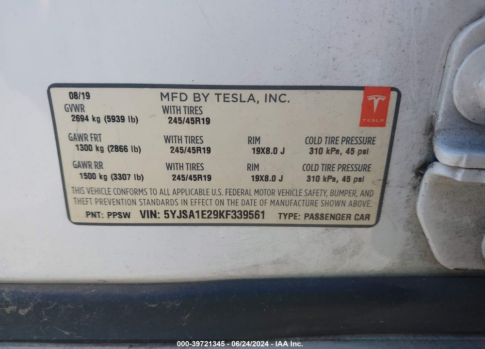2019 TESLA MODEL S 100D/75D/LONG RANGE/STANDARD RANGE VIN: 5YJSA1E29KF339561
